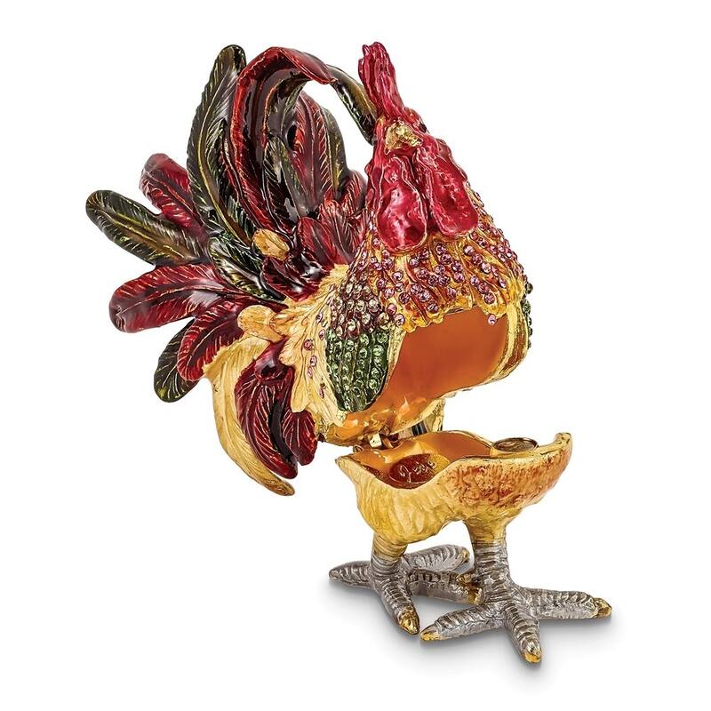 Curata Pewter Bejeweled Crystals Gold-Tone Enameled Rory Strutting Rooster Trinket Box on 18 Inch Necklace