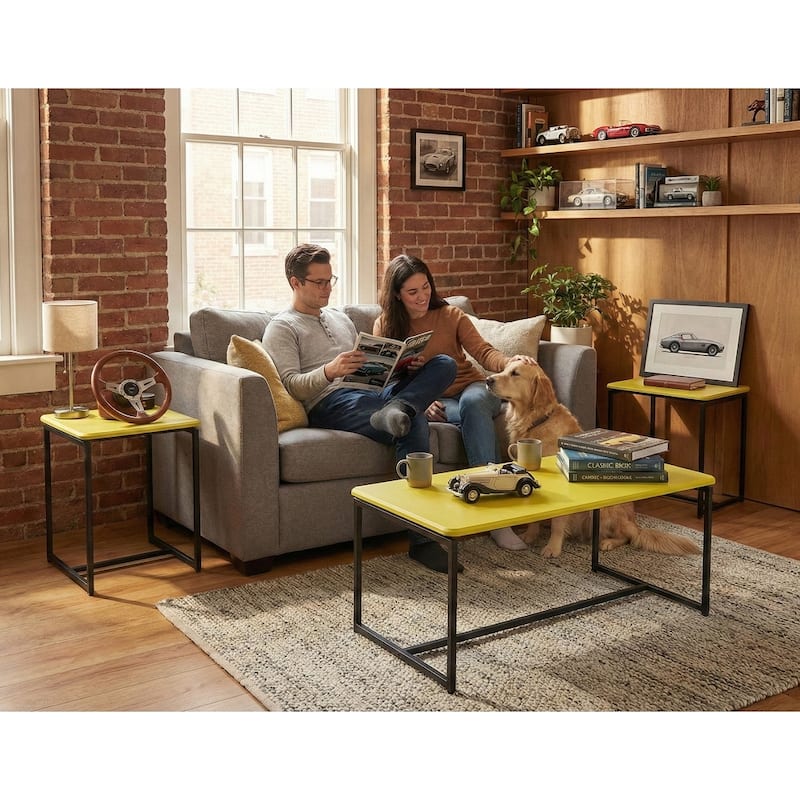 GT 3-Piece Carbon Fiber Coffee Table and End Table Set, 39.5” Rectangular Coffee Table with 2 End Tables, Metal Frame