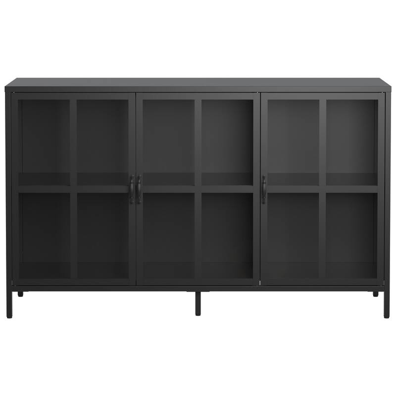 Sideboard Cabinet with Glass Doors, Coffee Bar Cabinet with Shelves, Steel Storage Cabinet with Adjustable Feet