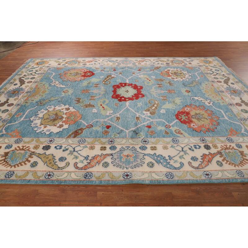 Light Blue & Ivory Floral Oushak Indian Rug Hand-Knotted Wool Carpet - 8'8"x 11'9"