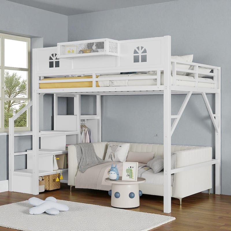 Full/Queen Size Metal Loft Bed with Stairs and Wardrobe, High Loft Bed with House-Shaped Guardrails for Kids and Teens
