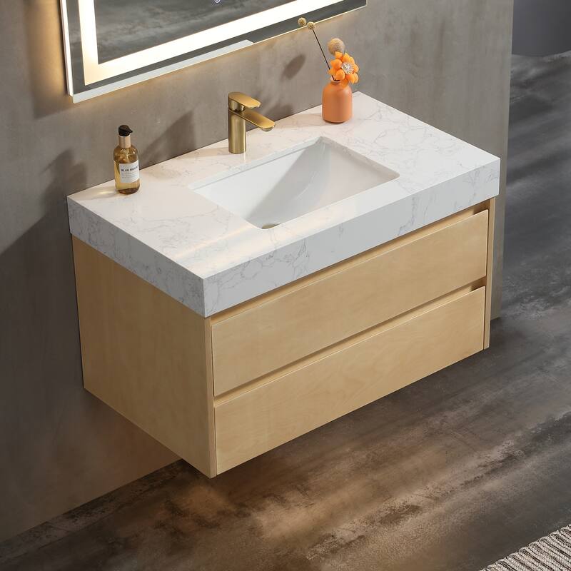 Modland 36" Wall-Mount Bathroom Vanity with LED Base Light & Engineered Stone Top - Soft-Close Drawers, Maple Yellow - 36 inch