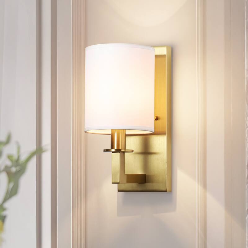 1-Light 5.5" W Modern Gold Cylinder Metal Flush Mount Wall Sconce/Bathroom Vanity Light with White Fabric Shade - Gold/White - 5.5 in. W x 12 in. H x 7.3 in. D