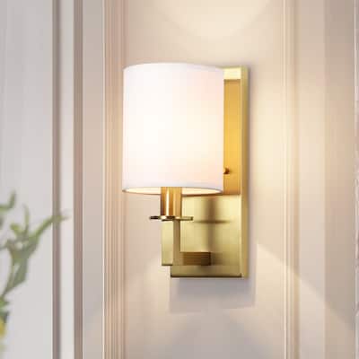 1-Light 5.5" W Modern Gold Cylinder Metal Flush Mount Wall Sconce with White Fabric Shade - 5.5 in. W x 12 in. H x 7.3 in. D