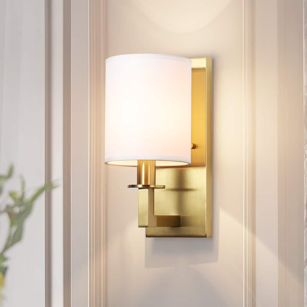 1-Light 5.5" W Modern Gold Cylinder Metal Flush Mount Wall Sconce with White Fabric Shade - 5.5 in. W x 12 in. H x 7.3 in. D