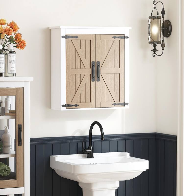 COSTARS Farmhouse Bathroom Wall Cabinet Over Toilet, Wood Grain Medicine Cabinet Organizer with Barn Doors & Adjustable Shelves