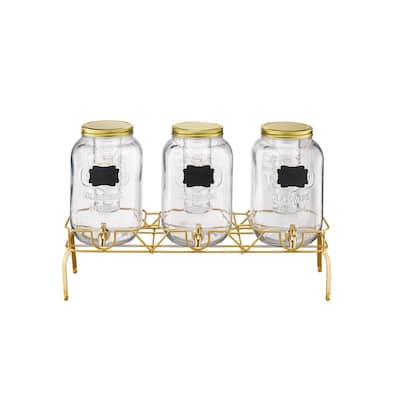 Transparent Glass Three Cylinder Beverage Dispenser 6 Gal with Metal Stand and Chalkboards - 28.35 x 8.27 x 18.11 in
