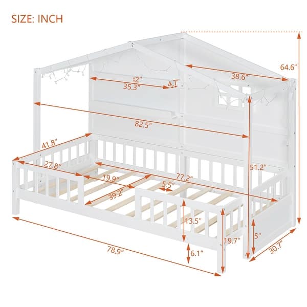dimension image slide 0 of 2, Twin Size House Bed with Shelves, Window, and Sparkling Light Strip on Roof, Space-Saving Design for Kids' Rooms, Grey