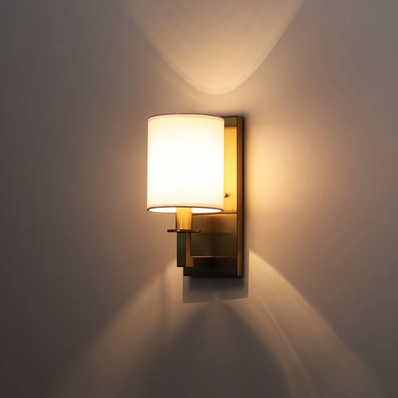 1-Light 5.5" W Modern Gold Cylinder Metal Flush Mount Wall Sconce/Bathroom Vanity Light with White Fabric Shade