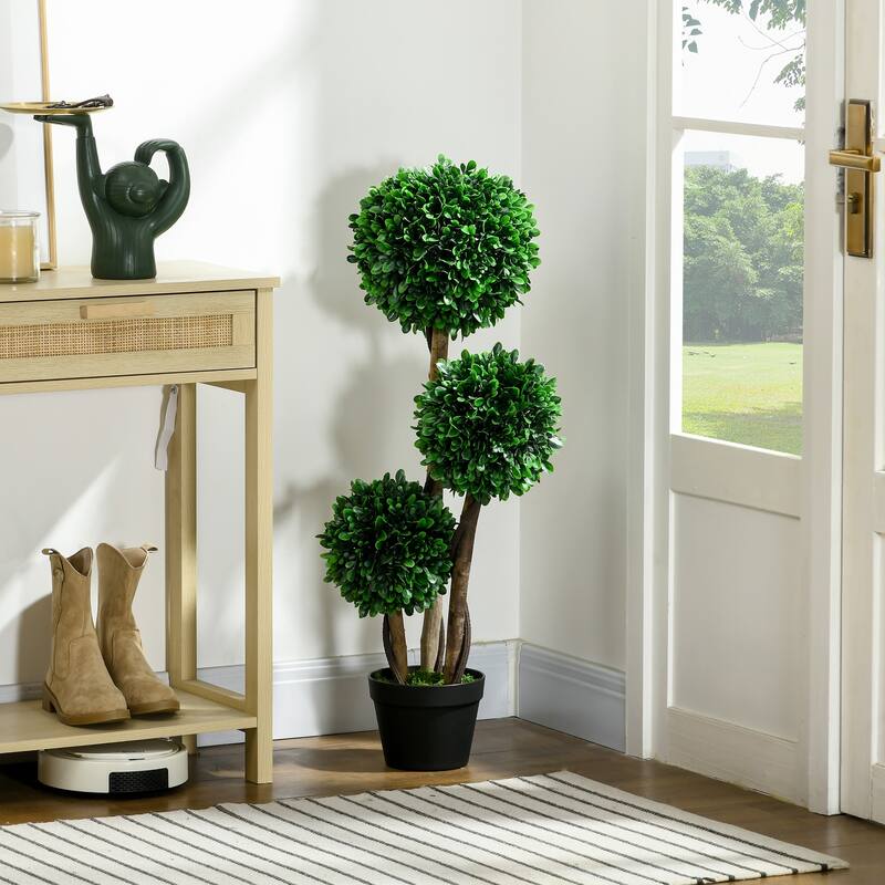 3ft/35.5" Artificial 3 Ball Boxwood Topiary Tree with Po