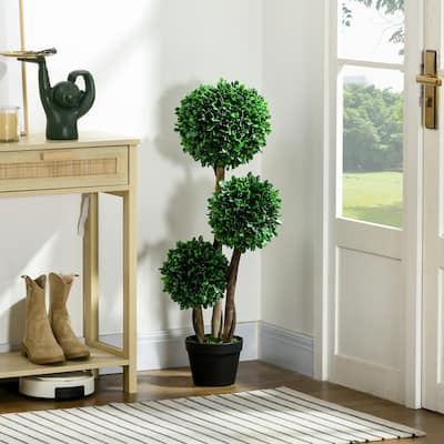 Artificial Ball-Shaped Boxwood Plant with Sandalwood Leaves 35 Inch Green with Black Pot for Home Office and Outdoor Decoration