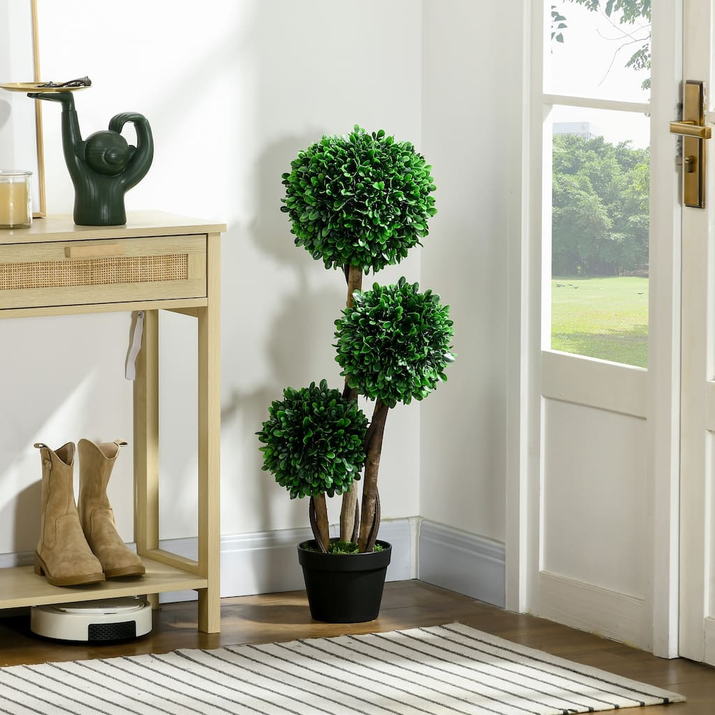 HOMCOM 3ft/35.5" Artificial 3 Ball Boxwood Topiary Tree with Pot, Indoor Outdoor Fake Plant for Home Office, Living Room Decor