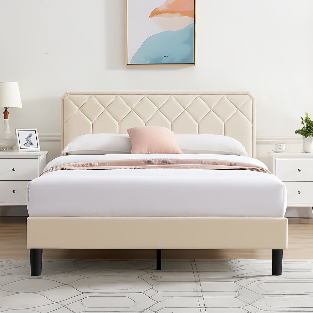 VECELO Upholstered Beige Bed Frame with Adjustable Height Headboard Twin/Full/Queen Size No Box Spring Needed Platform Bed