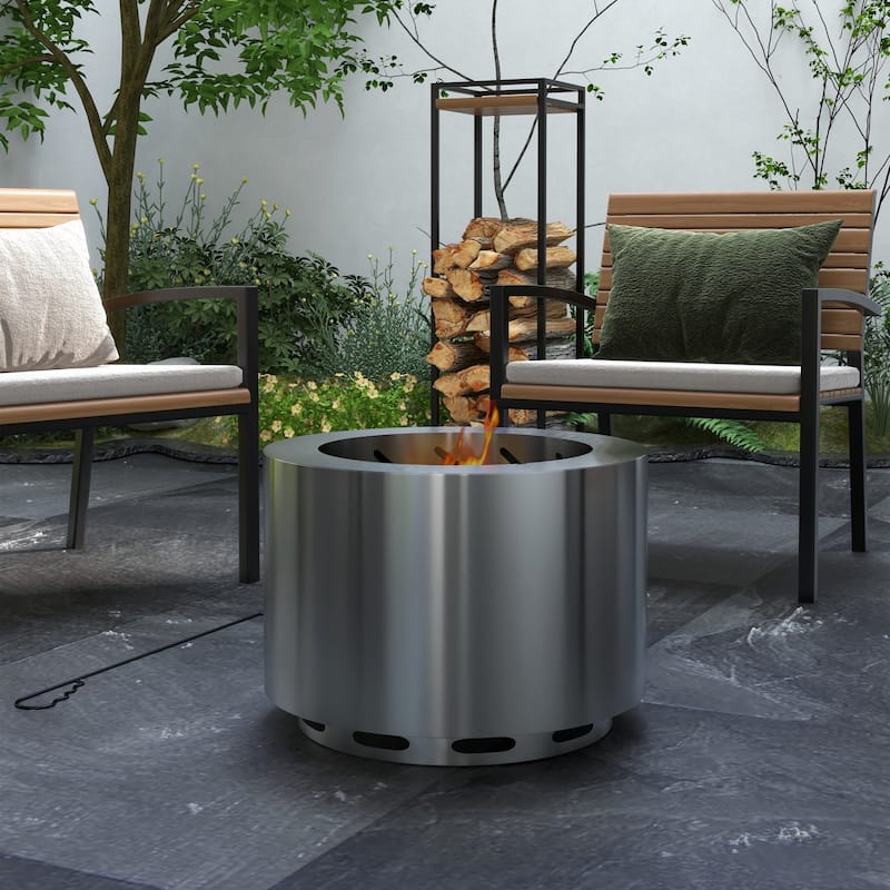 Outsunny Smokeless Fire Pit, 19" Portable Wood Burning Firepit with Poker, Low Smoke Camping Bonfire Stove - Silver