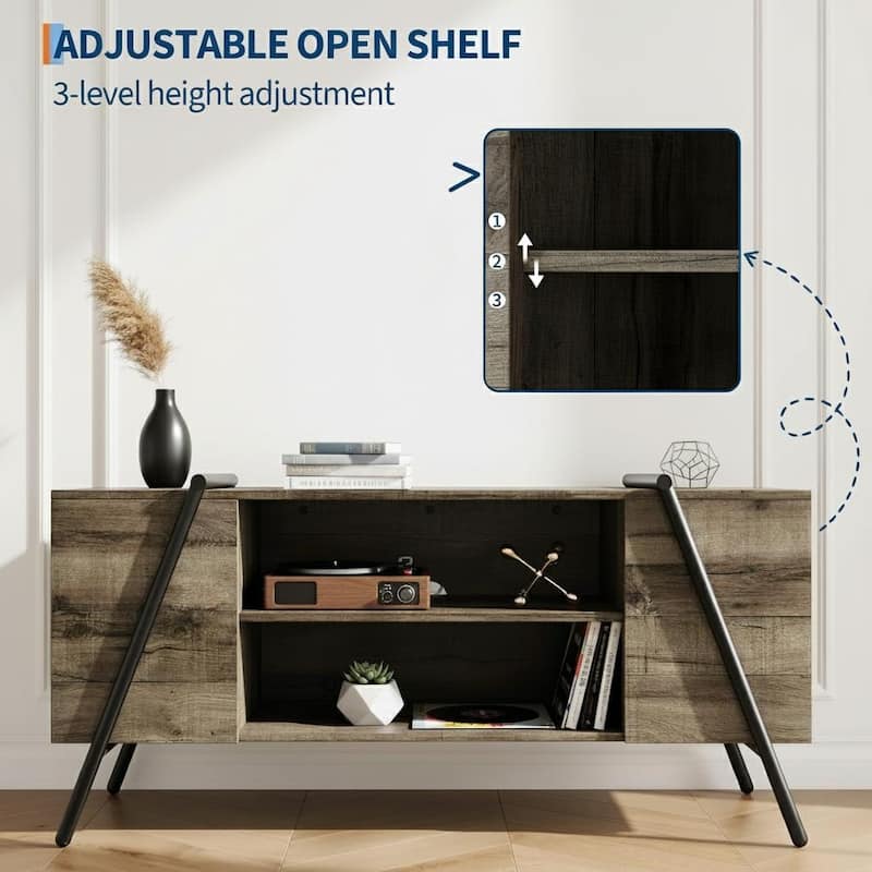 TV Stand, with Adjustable Open Shelves and Slanted Metal Legs