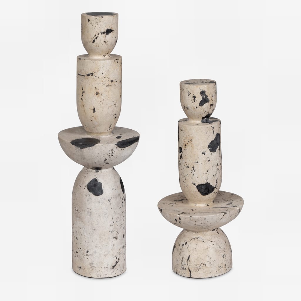 Geometric Limestone Tower Sculptures - 22" - Set of 2