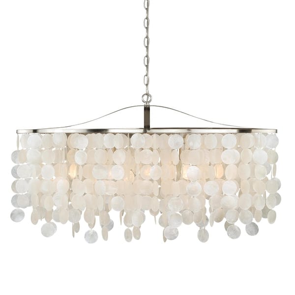 slide 2 of 7, Elsa 5L Coastal Capiz Shell Linear Chandelier Island Pendant Light Fixture - 35.75-in W x 21-in H x 15-in D Satin Nickel - 35.75-in W x 21-in H x 15-in D