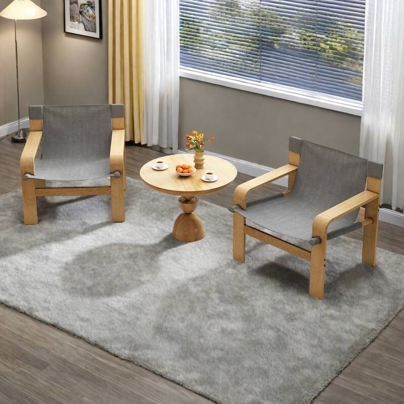 Oak Frame Mid-Century Accent Chair with Washable Linen Upholstery and Wide Armrests（250lb Capacity） - DARK GREY