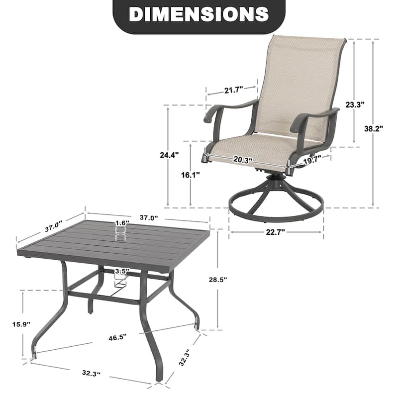 5-Piece Patio Swivel Textilene Metal Dining Set with Umbrella Hole