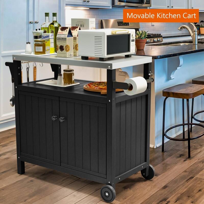 HDPE Portable Outdoor Grill Cart, Waterproof BBQ Prep Table, 304 Stainless Steel Top, Camping Cart 42.12" L x 20.71" W, Black