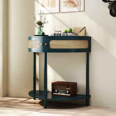 Half Moon Design End Table with Sliding Rattan Door