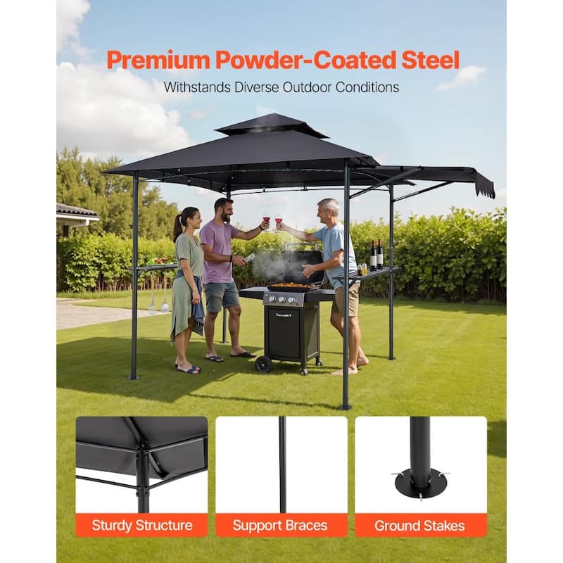 8x5 Feet BBQ Grill Gazebo with Double Tier Roof and Steel Frame Side Shelves and Hanging Hooks - 95.67” x 59.06” x 98.43”