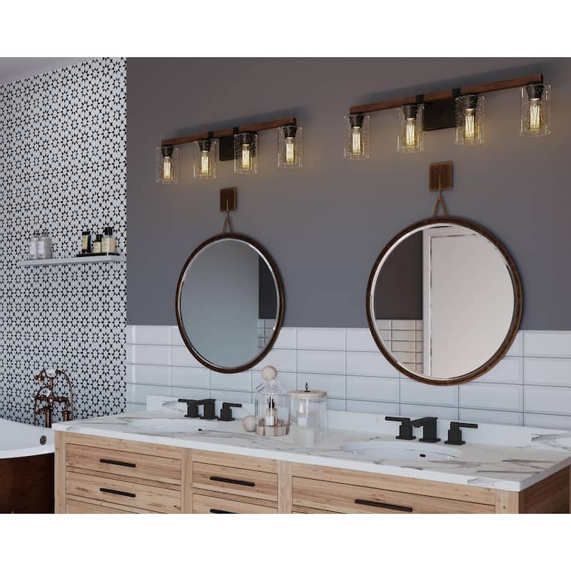 Barnes Mill Collection Four-Light Antique Bronze Clear Seeded Glass Farmhouse Bath Vanity Light - 32.25 in x 5.875 in x 8 in