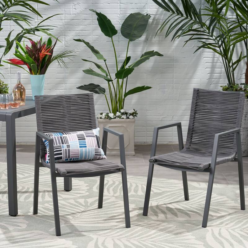 Outdoor Modern Aluminum Dining Chair with Rope Seat (Set of 2), Gray and Dark Gray - DARK GREY