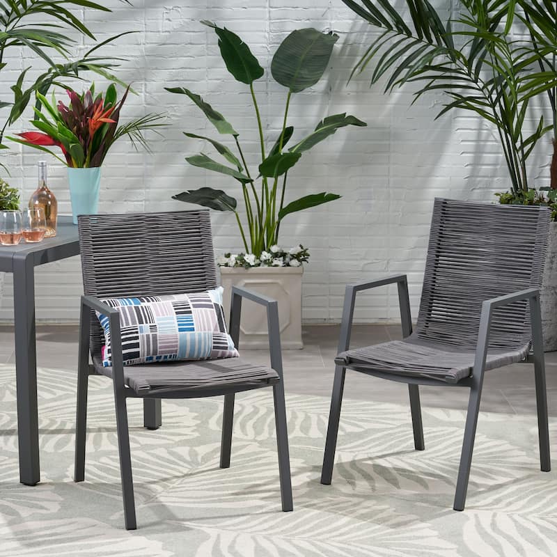 Roomfitters Outdoor Modern Aluminum Dining Chair with Stylish Rope Seat, Set of 2, Durable and Comfortable Design - Dark Grey