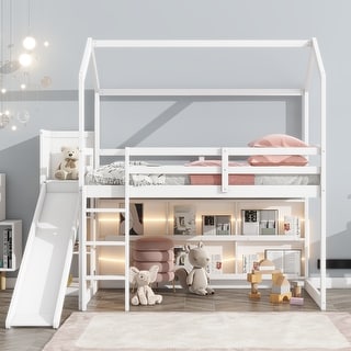 Twin Size Wood House Loft Bed with Slide, Storage shelves and Light