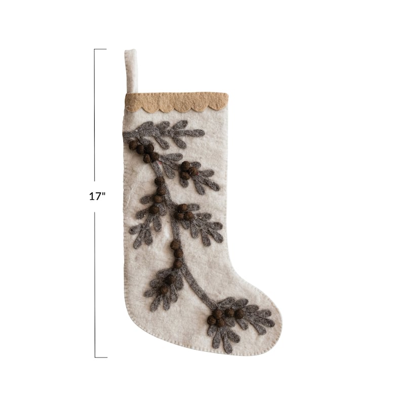 Handmade Wool Felt Stocking with Appliqued Branch