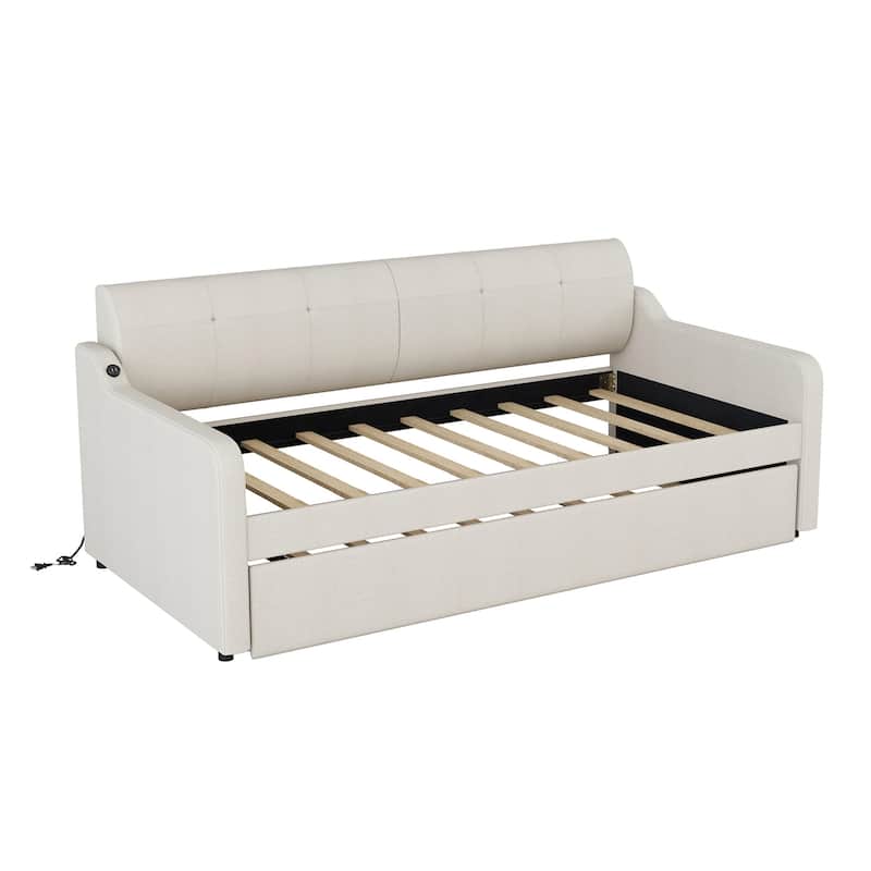 Twin Size Upholstery Daybed with Trundle and USB Charging Design-Beige