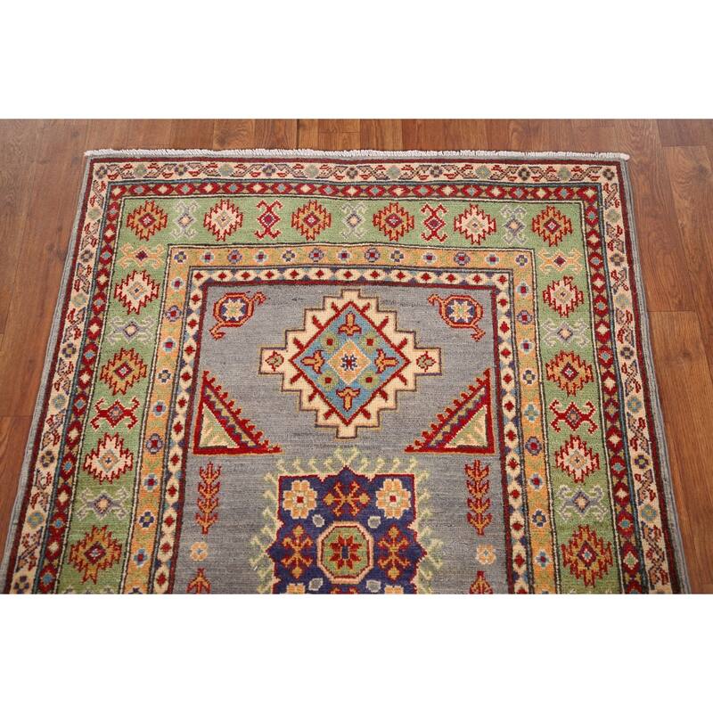Geometric Grey Kazak Foyer Rug Hand-Knotted Wool Carpet - 3'5" x 4'10"