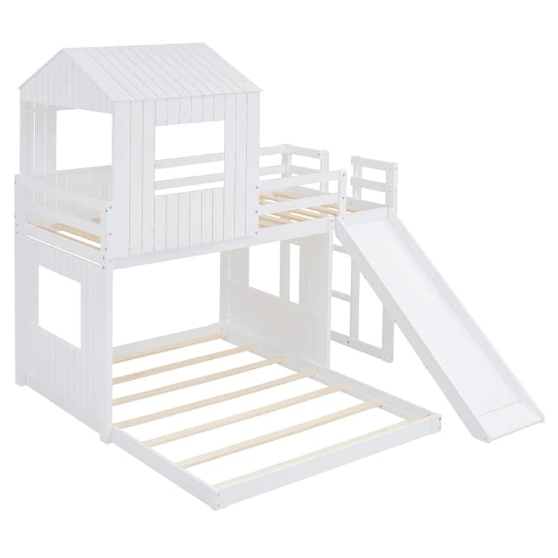 Wooden Twin Over Full Bunk Bed, Loft Bed with Playhouse, Farmhouse, Ladder, Slide and Guardrails