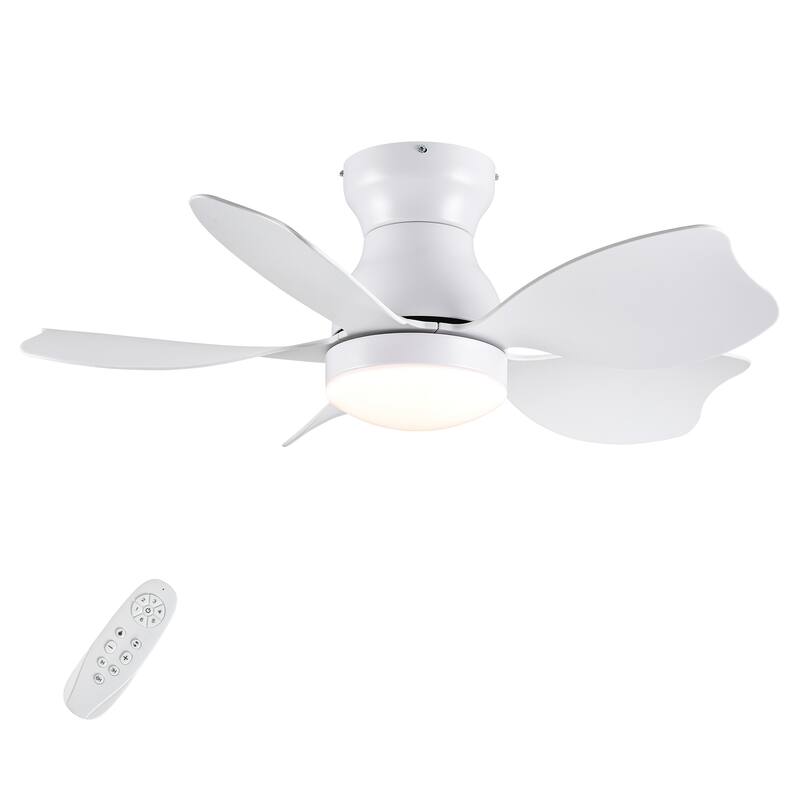 YUHAO 30 Inch Modern Matte White Indoor Flush Mount Small Ceiling Fan With LED Light and Remote Control - 30 Inches - Flush mount white