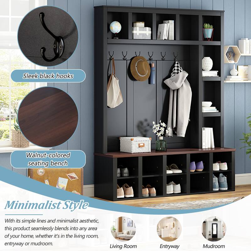Farmhouse-Inspired Hall Tree with 6 Hooks and Adjustable Shelves, Multi-functional Shoe Cabinet and Bench