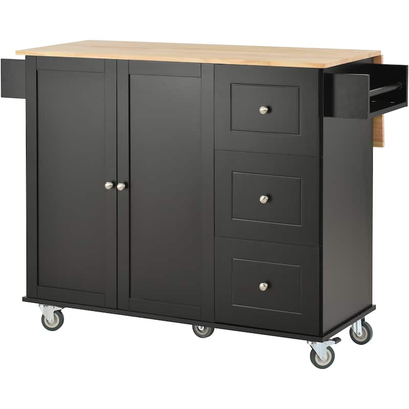 Rolling Kitchen Island with Solid Wood Top, Storage Cabinet and Drop Leaf Bar w/Spice Rack, Towel Rack for Living Room