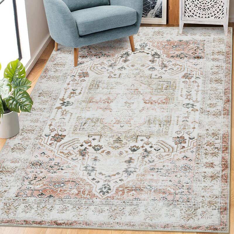 Vintage Medallion Living Room Rug Washable Soft Non-Slip Low Pile Area Rug Indoor Distressed Accent Rug - 9'x12' - Taupe/Multi