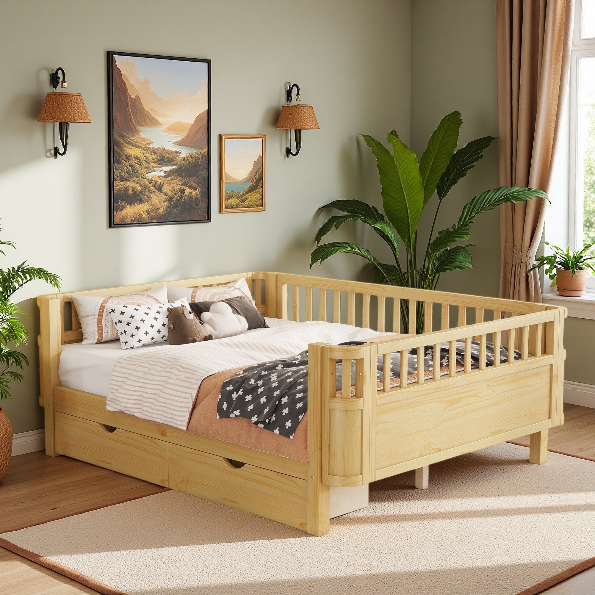 Wood Low-Profile Platform Bed with Safety Rails for Kids