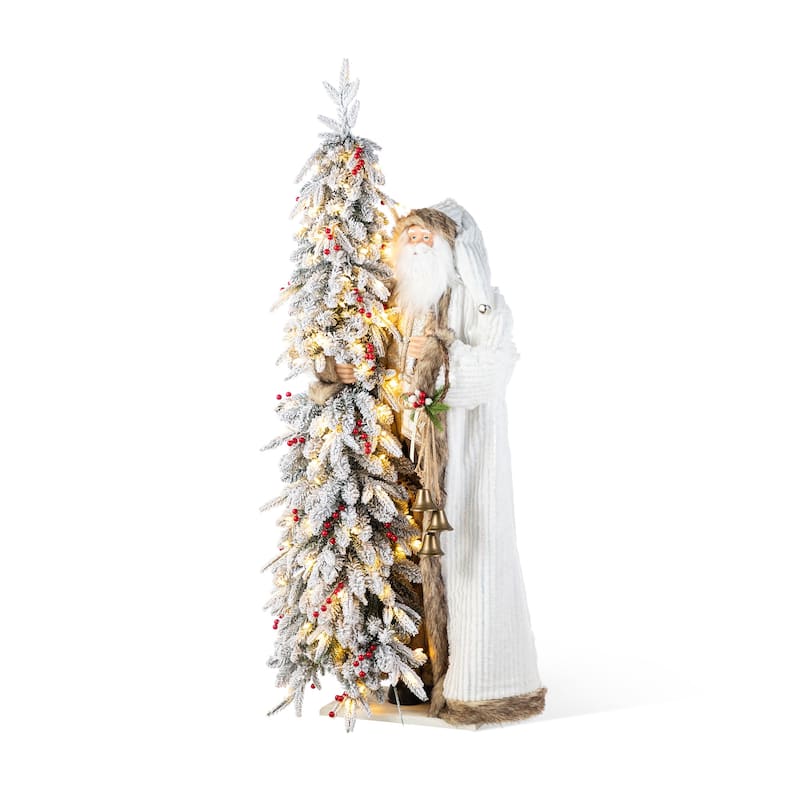 Glitzhome 4ft Oversized Christmas Woodland Santa with 5ft Pre-Lit Flocked Artificial Christmas