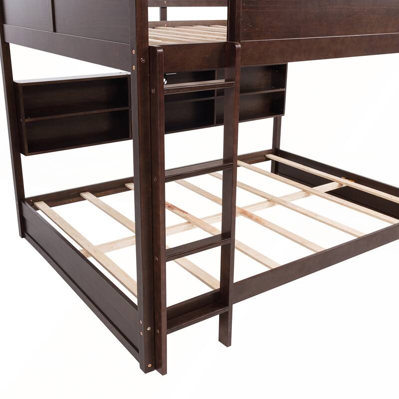 Queen Over Queen Bunk Bed with Built-in Storage Cabinets and Charging Station