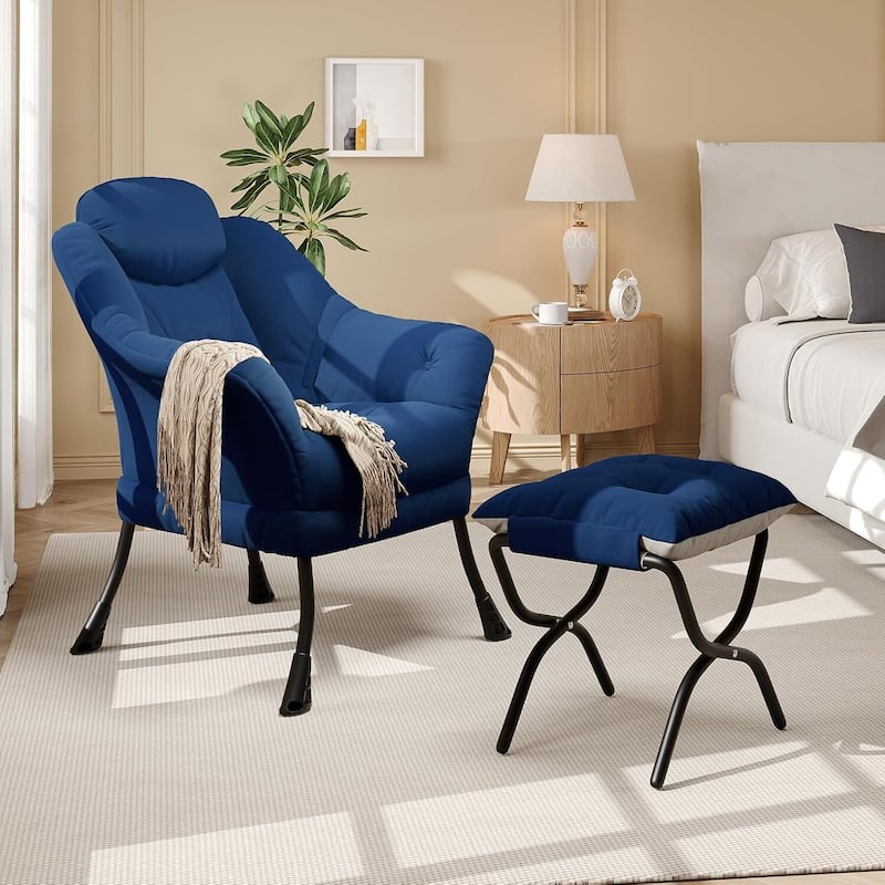 Modern Accent Comfy Lazy Sofa Chair with Ottoman for Bedroom or Living Room - Blue