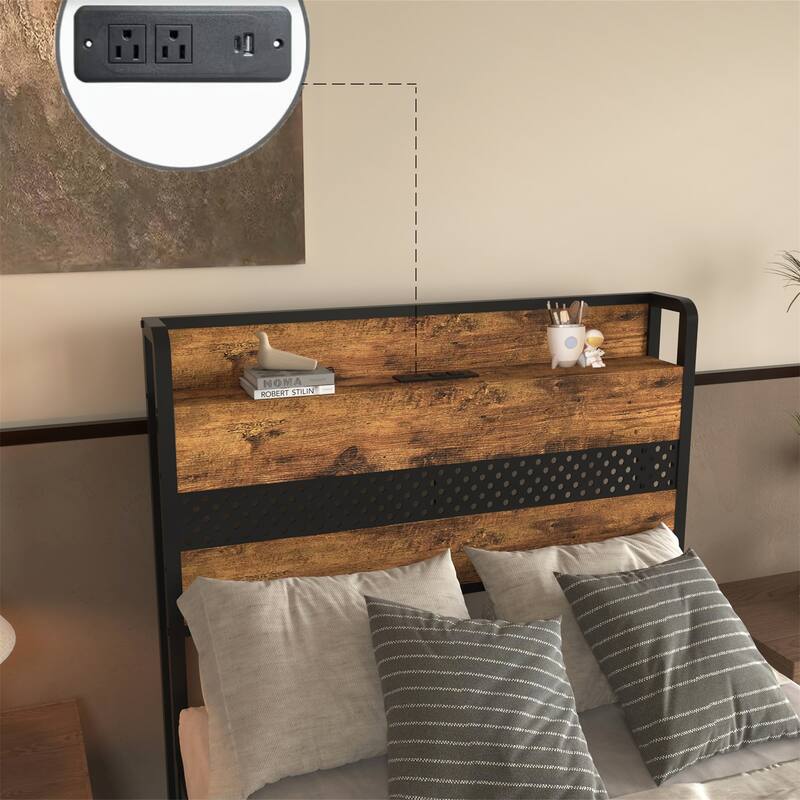 Twin Size Metal Platform Bed Frames with Headboard and Storage Drawer