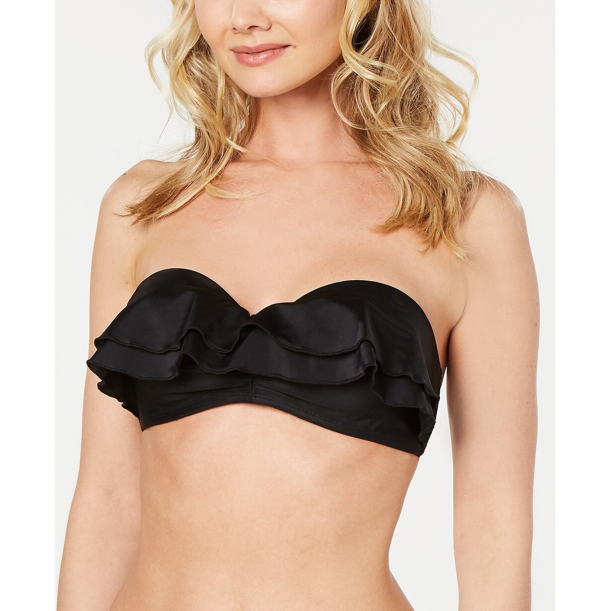 black ruffle bandeau bikini top