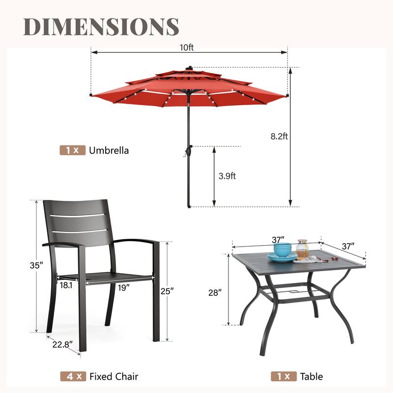 MAISON ARTS 6-Piece Outdoor Dining Set with 10ft 3 Tier Auto-tilt Umbrella, Metal Square Table & 4 Stackable Chairs