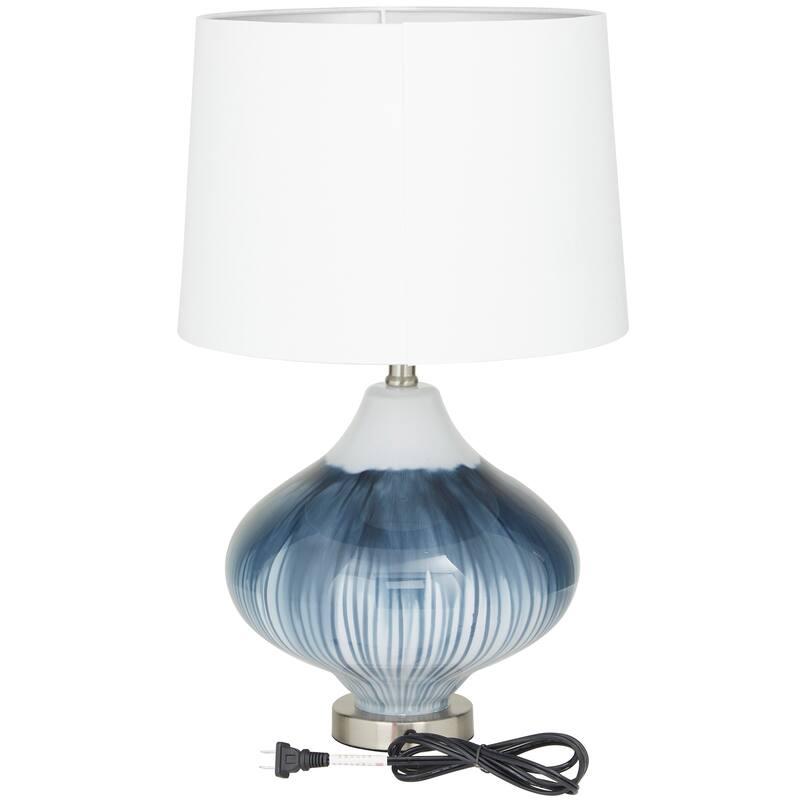 Blue Glass Gourd Style Base Room Table Lamp with Drum Shade
