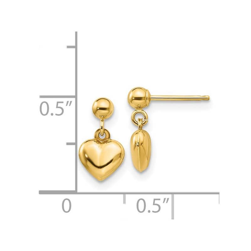 Curata 14k Yellow Gold Children's Polished Puffed Heart Dangle Earrings (6mm x 11mm)