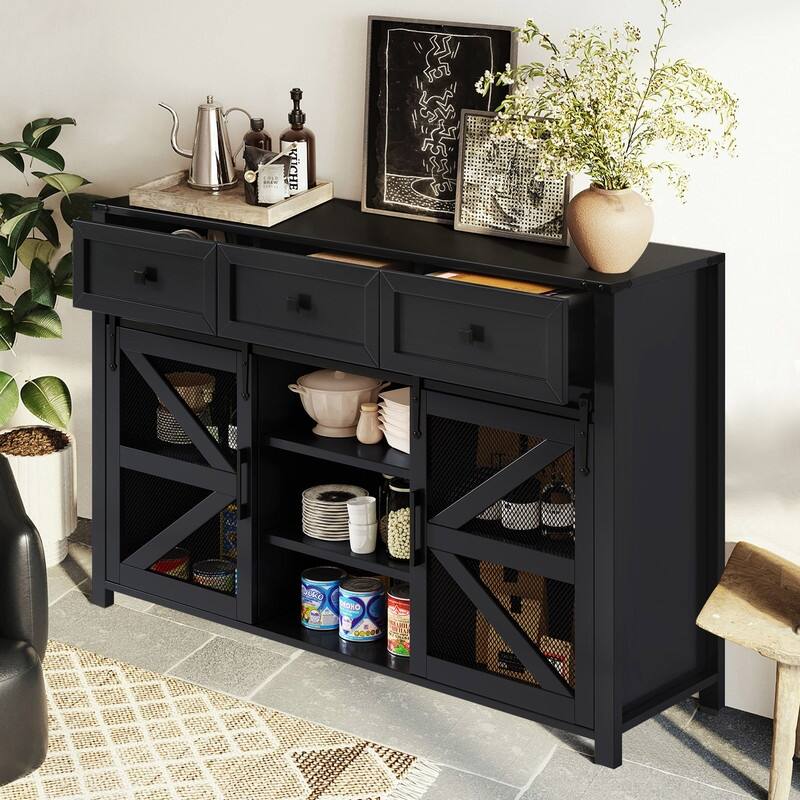 Farmhouse 55" Sideboard with 2 Sliding Barn Doors and 3 Drawers for Stylish Home Storage Solution