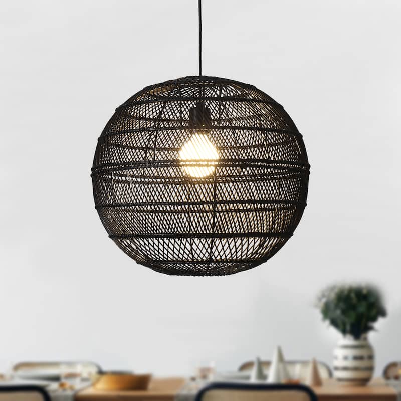 1-Light Globe Chandelier with Rattan Shade, No Bulbs Included - Black