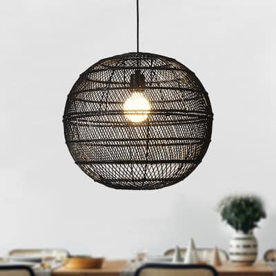 1-Light Globe Chandelier with Rattan Shade, No Bulbs Included